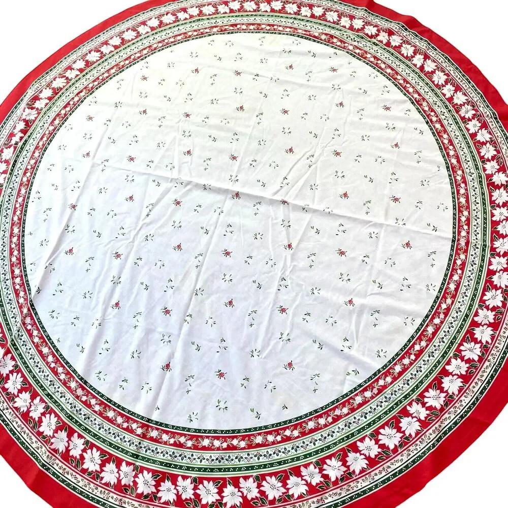 Vintage Christmas Tablecloth White Cotton Red & Green Border Oval Retro Holiday